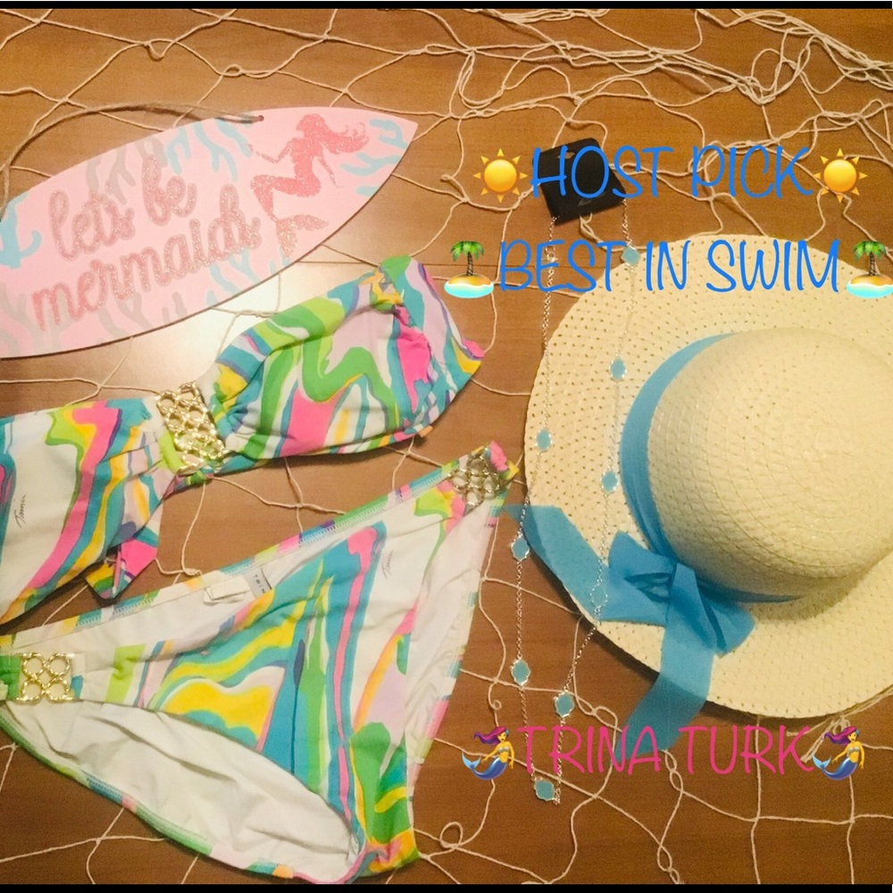 🏝TRINA TURK BANDEAU BIKINI size 8 GOLD DETAILS